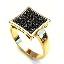 Anel Cravejado Pavé Zirconias Negras Banho Ouro 18k 1044