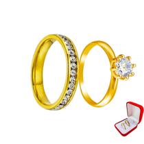 Anel Cravejado Pedras Brancas 3mm Banhado Ouro 18k + Anel Solitário 2mm Ouro 18k Casal Noiva Casamento Luxo