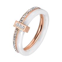 Anel De Casamento De Cerâmica Cristal Preto E Branco Com Ouro Rosa E Aço Inoxidável Com Strass