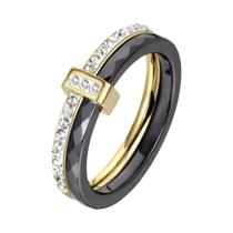 Anel De Casamento Em Cerâmica Preto E Branco Com Cristal, Anel De Noivado Em Aço Inoxidável Com Ouro