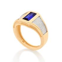 Anel de formatura banhado ouro 3x 24k 18k e 22k unissex rommanel com pedra cristal azul retangular lateral rhodium 513003