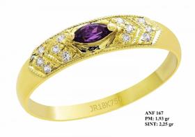 Anel de Formatura em Ouro 18k Ametista Roxa e Brilhantes em Zircônia Anel de Formatura em Ouro 18k Ametista Roxa e Brilhantes em Zircônia