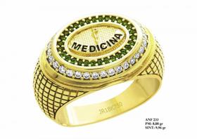 Anel de Formatura em Ouro 18k Esmeralda Medicina com Brilhantes em Zircônia Anel de Formatura em Ouro 18k Esmeralda Medicina com Brilhantes em Zircônia