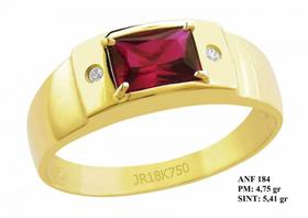 Anel de Formatura em Ouro Amarelo 18k com Pedra Central Retangular Rubi e Brilhantes em Zircônia