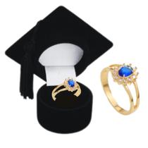 Anel de Formatura Feminino com Pedra Azul Banhado Ouro e Caixinha Capelo Administração Engenharia Pedagogia