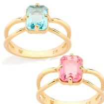 Anel de formatura feminino solitário ouro 18k com pedra azul ou rosa rommanel aro duplo cristal retangular 513026