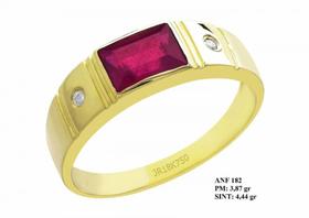 Anel de Formatura Glory em Ouro 18k Pedra Central Retangular de Rubi e Brilhantes em Zircônia