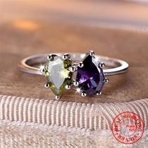 Anel De Noivado Feminino Em Prata Esterlina 925 Com Peridoto E Ametista Em Formato De Gota, Joia