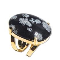 Anel de Obsidiana Flocos de Neve - Pacote com 5 Peças - Cabochão Oval Dourado