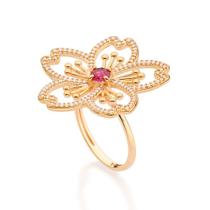 Anel de ouro 18k feminino com pedra rommanel grande botão flor esferas, zircônias e cristal rosa 513388