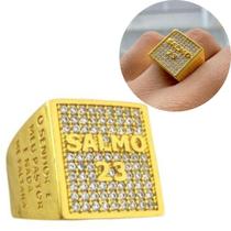 Anel De Ouro Anel Salmo 23 Cravejado Dedeira Em Relevo Masculina Banho De Ouro 24k