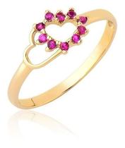 Anel De Ouro Feminino Coração Pedras Vermelhas Ouro 18k A503 - MAEHLER Arte Em Joias