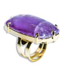 Anel de Pedra Ametista Retangular Cabochão Dourado com Aro Ajustável - Pacote com 3 Unidades