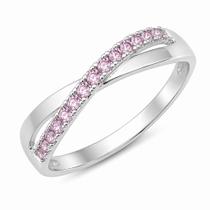 Anel de Prata 925 com Zircônias Rosa em Design X Anel de Prata 925 com Zircônias Rosa em Design X