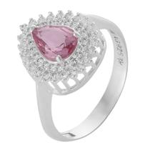 Anel de Prata Coleção Queens Cristal Safira Rosa 5x7 e Zircônias Brancas