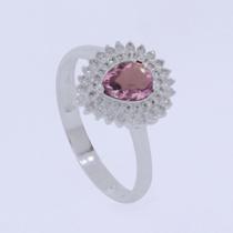 Anel de Prata Coleção Queens Cristal Safira Rosa 5x7 e Zircônias Brancas