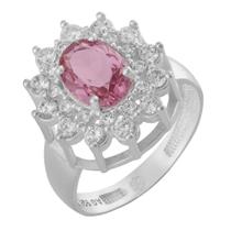 Anel de Prata Coleção Queens Cristal Safira Rosa 6x8 e Zircônias Brancas