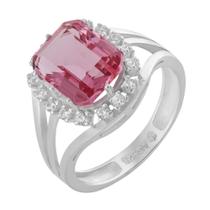 Anel de Prata Coleção Queens Cristal Safira Rosa 8x10 e Zircônias Brancas