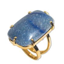 Anel de Quartzo Azul Retangular com Cabochão Dourado e Aro Ajustável - Pacote com 3 Unidades
