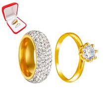 Anel Dourado 8mm Cravejado Pedras Brancas Casamento + Anel 2mm Banhado Ouro 18k Tradicional União