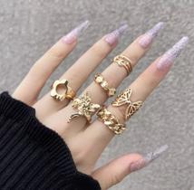 Anel Dourado Kit 6 Peças Borboleta Flor Vazada Fada Corrente Dados Estrela Lua