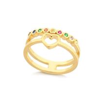 Anel Duplo Multicolor Coração Vazado Folheado Ouro Zircônia