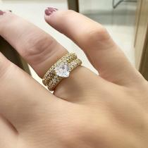 Anel Duplo Solitário Coração com Aparador Banhado a Ouro Anel Duplo Solitário Coração com Aparador Banhado a Ouro