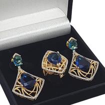 Anel e Brincos Azul Topázio Cravejados Banho De Ouro 18k 3250 3251 Anel e Brincos Azul Topázio Cravejados Banho De Ouro 18k 3250 3251
