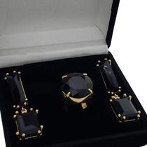Anel E Brincos Com Pedras Negras Facetadas Banho De Ouro 18k 377 1768