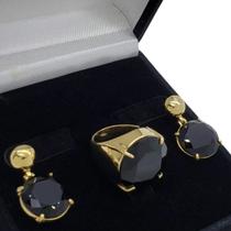 Anel E Brincos Com Pedras Negras Lapidadas Banho De Ouro 18k 377 1088 Anel E Brincos Com Pedras Negras Lapidadas Banho De Ouro 18k 377 1088