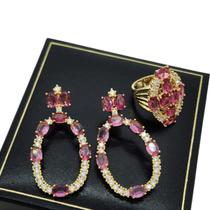 Anel E Brincos Com Pedras Vermelho Rubelita Zirconias Banho De Ouro 18k 3355A 3356A Anel E Brincos Com Pedras Vermelho Rubelita Zirconias Banho De Ouro 18k 3355A 3356A