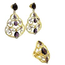 Anel E Brincos Cristal Ametista Cravejados Banho De Ouro 18k 3357 3358