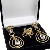 Anel E Brincos Laços Cravejados Zirconias Banho De Ouro 18k 3491 3492 Anel E Brincos Laços Cravejados Zirconias Banho De Ouro 18k 3491 3492