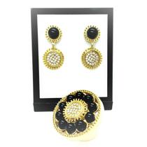 Anel e Brincos Preto Ônix Cravejado De Zirconias Banho De Ouro 18k 788 789 Anel e Brincos Preto Ônix Cravejado De Zirconias Banho De Ouro 18k 788 789