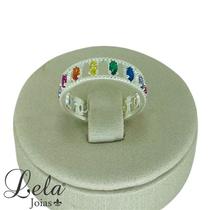 Anel efeito duplo com zirconias centrais coloridas prata 925