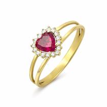 Anel em Ouro 18K Coração com Zircônia Vermelha e Brancas - Joia Sofisticada