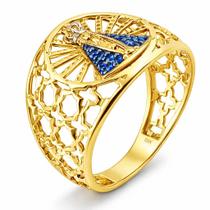 Anel em Ouro 18k Nossa Senhora com Zircônias - Joia Exclusiva