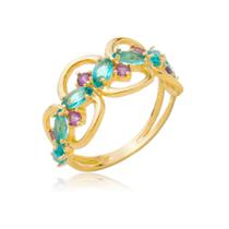 Anel em Prata 925 Círculos com Zircônias Paraíba e Ametista Dourado