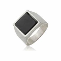 Anel em Prata 950 Comendador Quadrado Com Pedra Preta