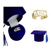 Anel (Envio Rápido) Escolar Formatura Ajustável Banho Ouro Capelo Azul