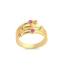 Anel Estilizado Filetes Zirconias Coloridas Folheado Ouro