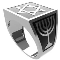 Anel Estrela de Davi e Menorah Prata fundo com resina