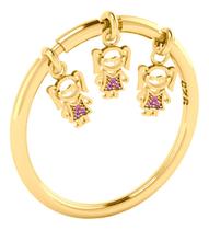 Anel Família Prata 925 Dourada 18k Pingentes: 3 Meninas Anel Família Prata 925 Dourada 18k Pingentes: 3 Meninas