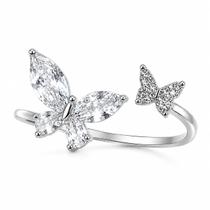 Anel Feminino Borboletas Ajustável Prateado Com Zircônias Elegante