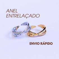 Anel Feminino c/ Zircônias Entrelaçado Ajustável Aço Banhado Envio Rápido