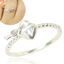 Anel Feminino Coração Pingente Chave Prata Legitima