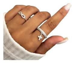 Anel Feminino Cravejado Zirconias Prata 925 Cruz Religioso