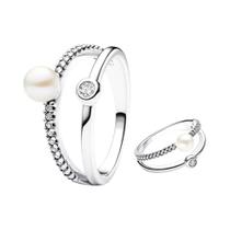 Anel Feminino de Prata 925 com Pérola e Zircônia - Design Estrela, Lua e Flor