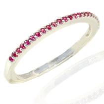 Anel Feminino de Prata Cravejado Rosa Zirconia Meia Aliança Anel Feminino de Prata Cravejado Rosa Zirconia Meia Aliança