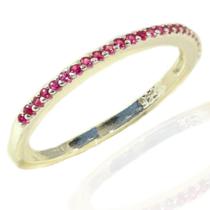 Anel Feminino de Prata Cravejado Rosa Zirconia Meia Aliança